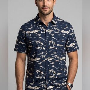 Mens Tropical Vacation Shirt-Jachs Navy and White Palm Tree Print-XL
